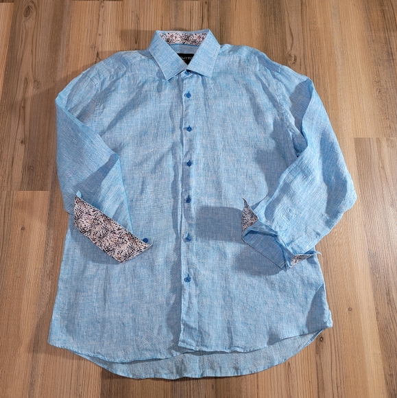 Massuto Other - Men's Size X Large Blue Button Down Massuto Dress Shirt Linen Cuffed Print